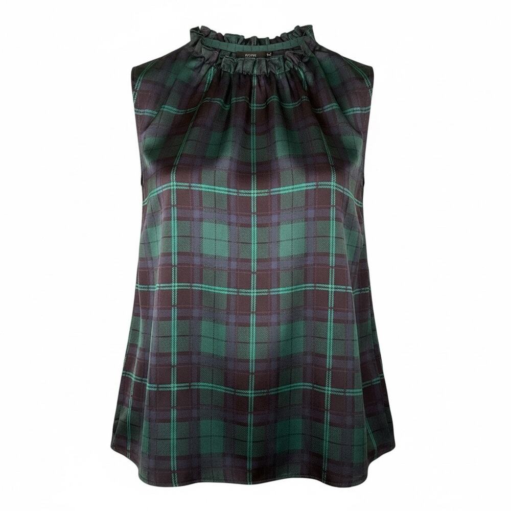 Ann Taylor Tartan Plaid Blouse XSP Sleeveless Ruffle Neck Preppy Green Blue